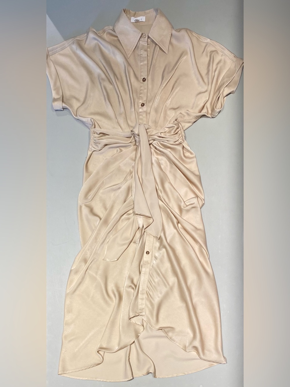 Mabel Gwen Cream Satin Tie-Front Long Sleeve Midi Shirt Dress, Size M - Picture 12 of 12